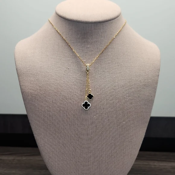 18k Gold Plated Stainless Steel Y-Shaped Black Clover Charm Necklace, Zircons - Picture 3 of 10